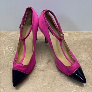 J Crew Women Pink Satin Heels Navy Blue Patent Leather Toe Heels T Strap 8.5